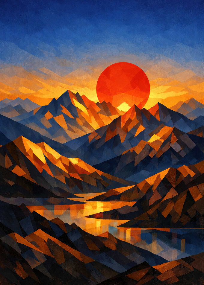 Geometric Mountain Sunset Over Lake