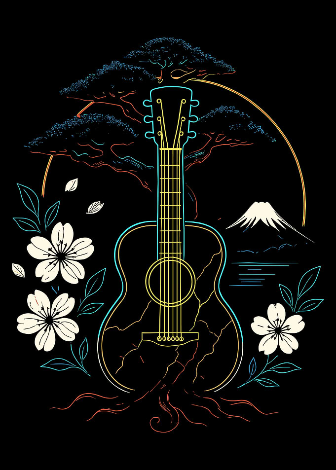 Neon Guitar Poster, Bonsai & Mount Fuji Wall Art, Japanese Music Aesthetic Print
