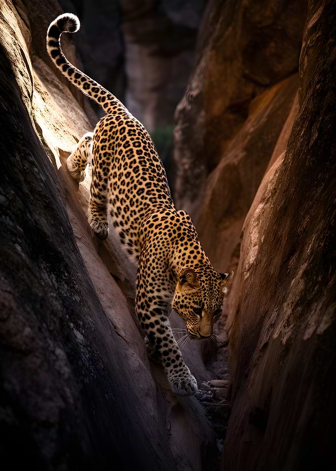 Leopard climbing through a rocky canyon