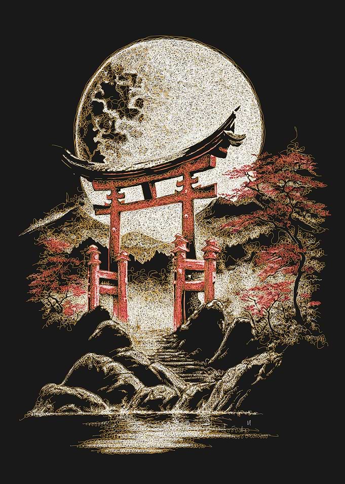 Japanese Torii Gate Under a Full Moon