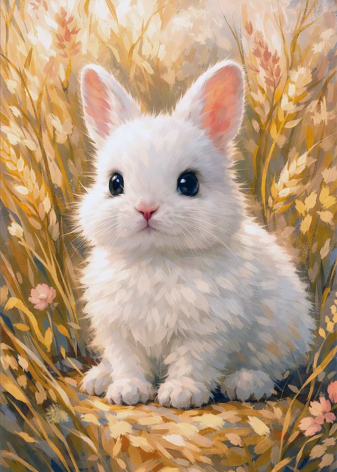 Cute White Bunny in Wheat Field
