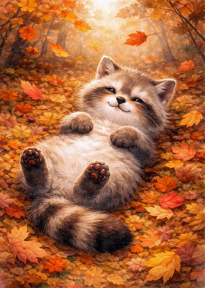 Cute Raccoon Lying in Autumn Leaves