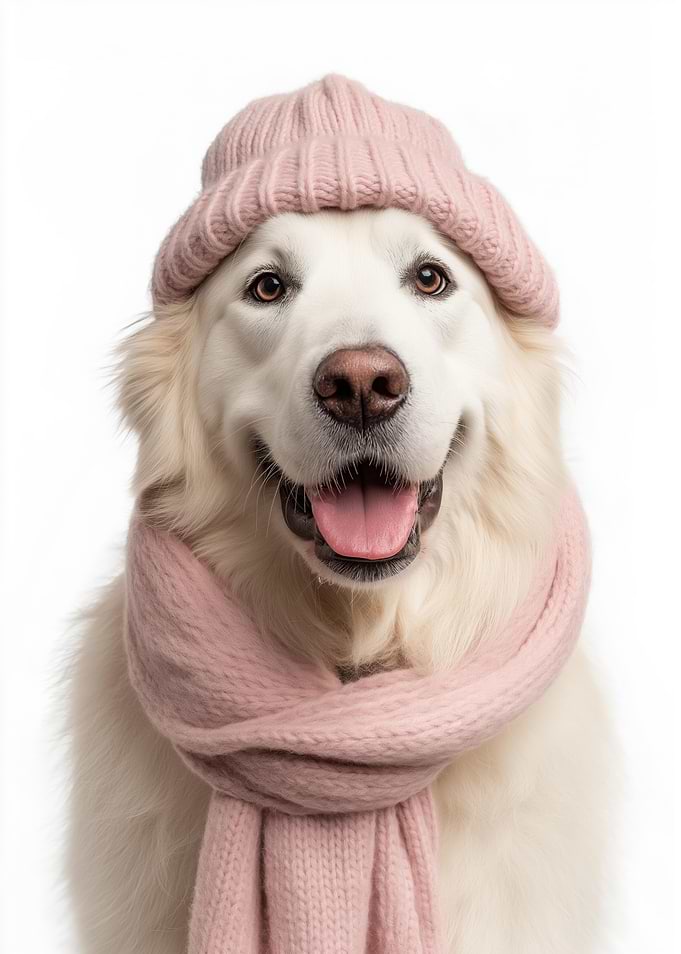 Cozy Great Pyrenees Dog Wearing Pink Hat and Scarf