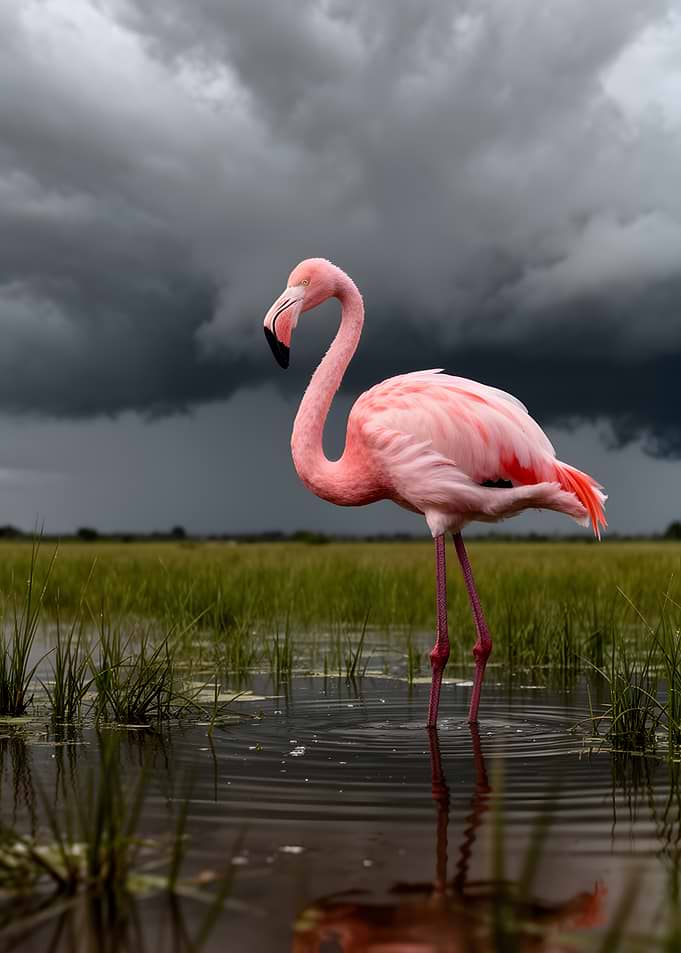 Flamingo in a Stormy Landscape