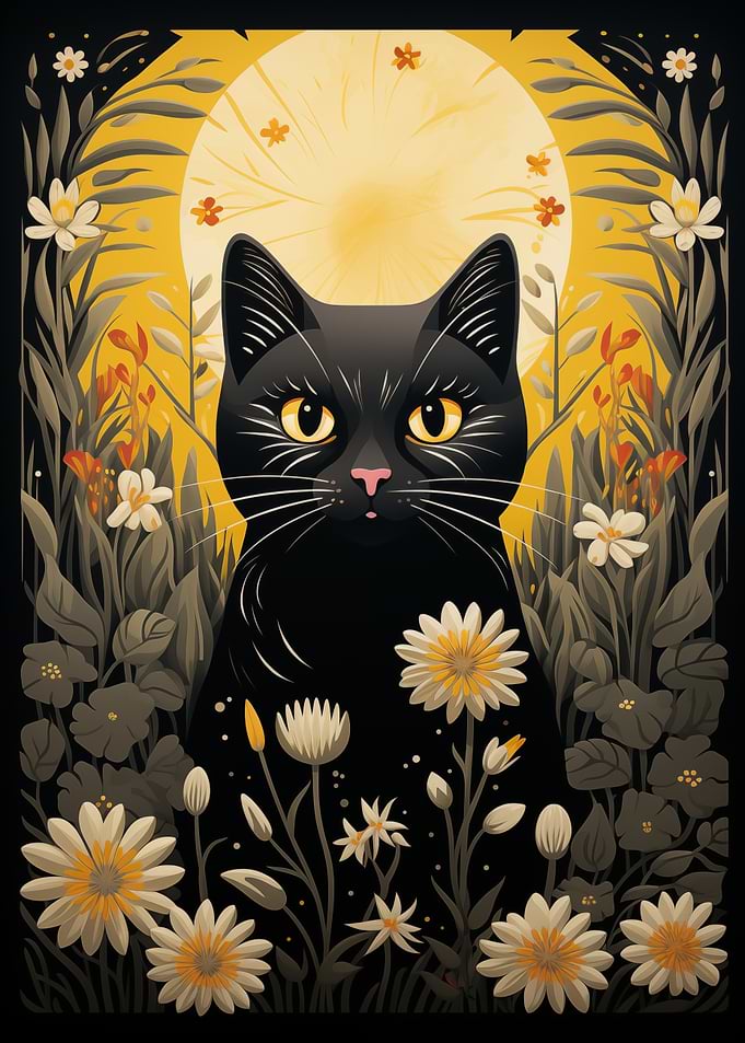 Black Cat in Floral Moonlit Scene