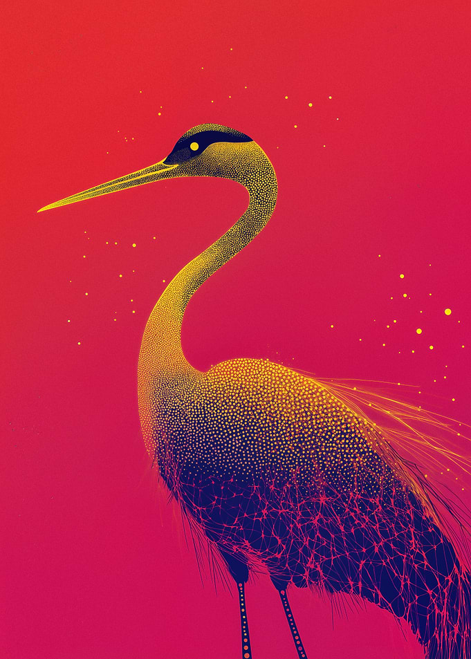 Stippled Crane with Red Gradient Background