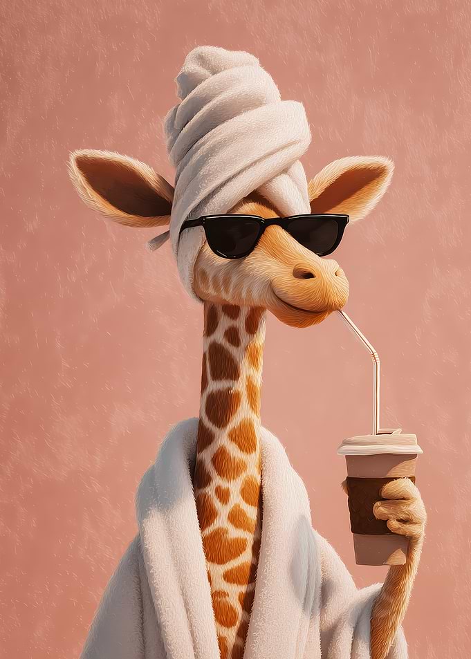 Giraffe in a bathrobe with sunglasses and coffee