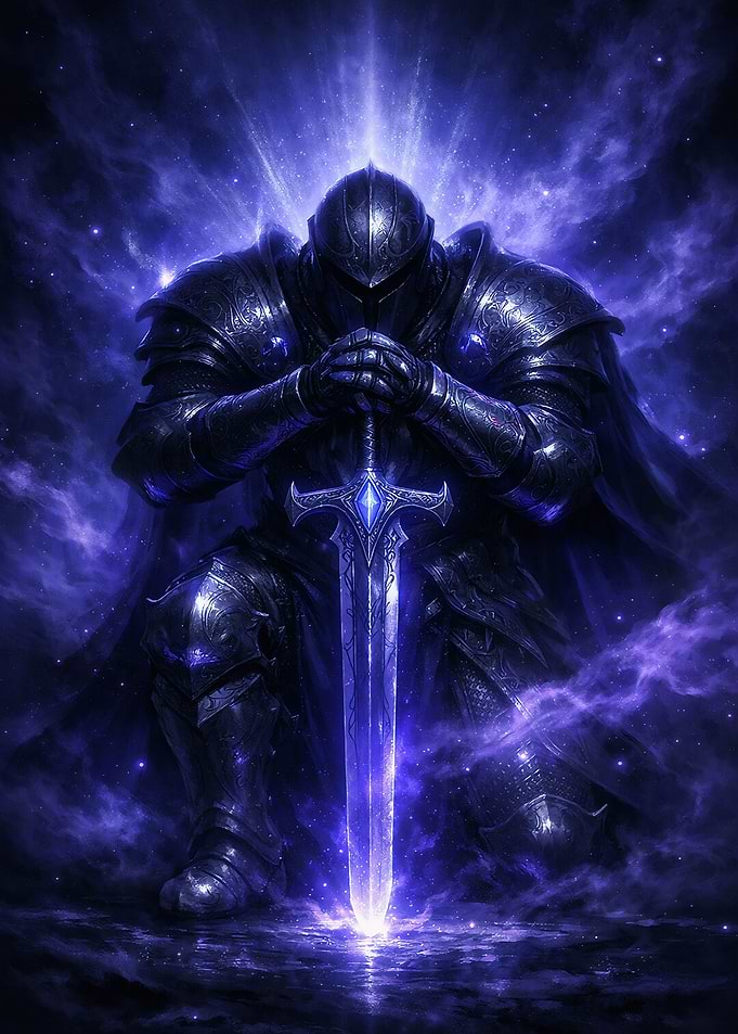 Knight Kneeling with Glowing Sword