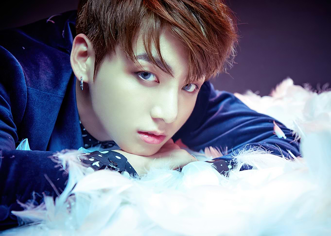 Jungkook in Blue Velvet Suit with Feathers