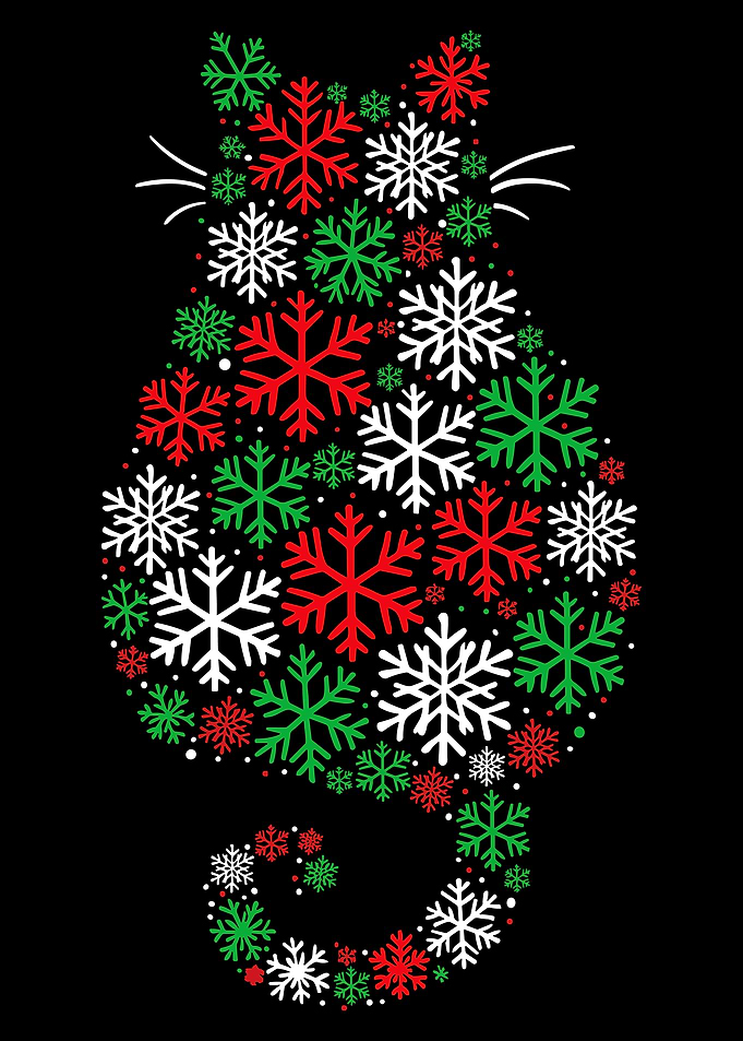 Snowflake Cat Christmas Poster, Festive Winter Cat Silhouette Wall Art Print