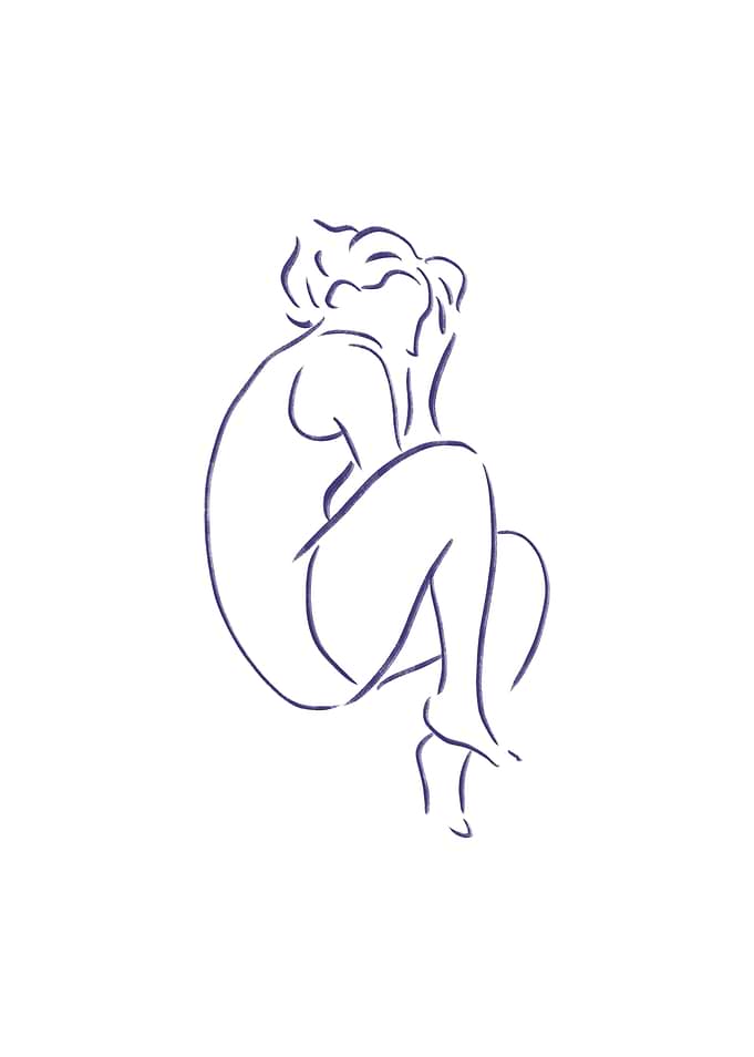 Minimalist Line Art of a Woman laying in a child pose on her left side view from top