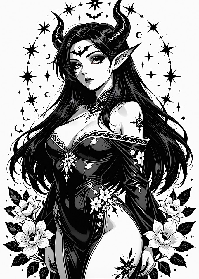 Gothic Demoness with Horns and Stars