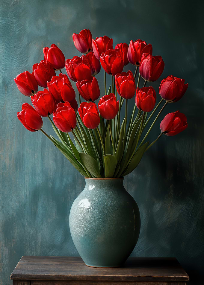 Red Tulips in a Blue Vase