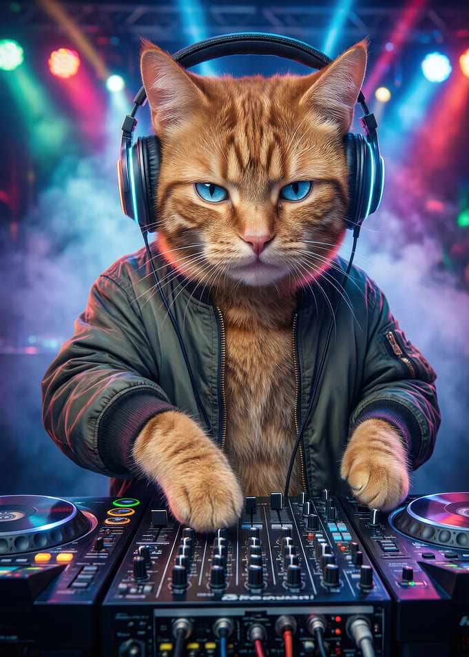 DJ Cat with Headphones and Mixer