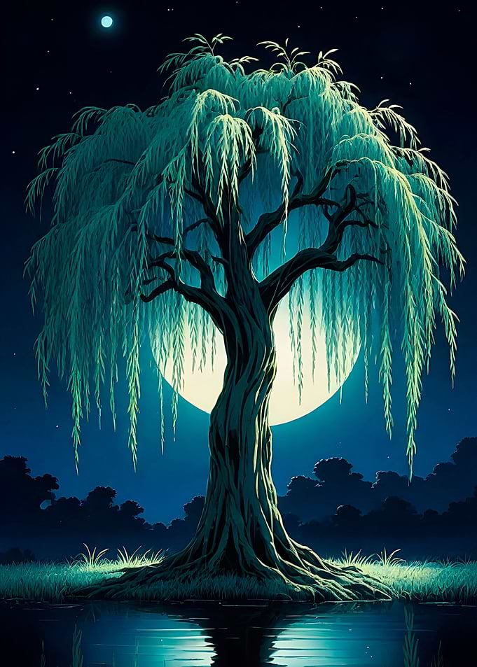 Mystical Willow Tree at Night