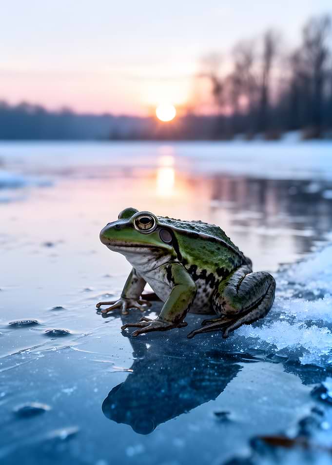 Frog on ice at sunset