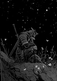 Samurai Kneeling Under Stars