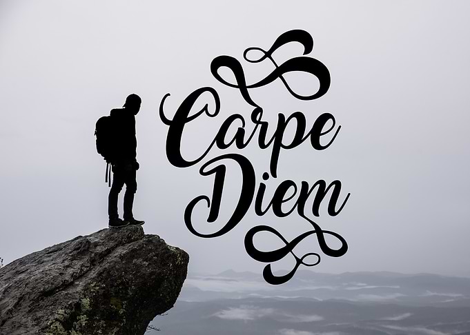 Motivational Hiker on cliff with Carpe Diem Lettering