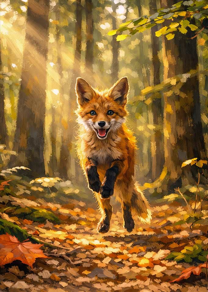 Joyful Fox Running in Autumn Forest