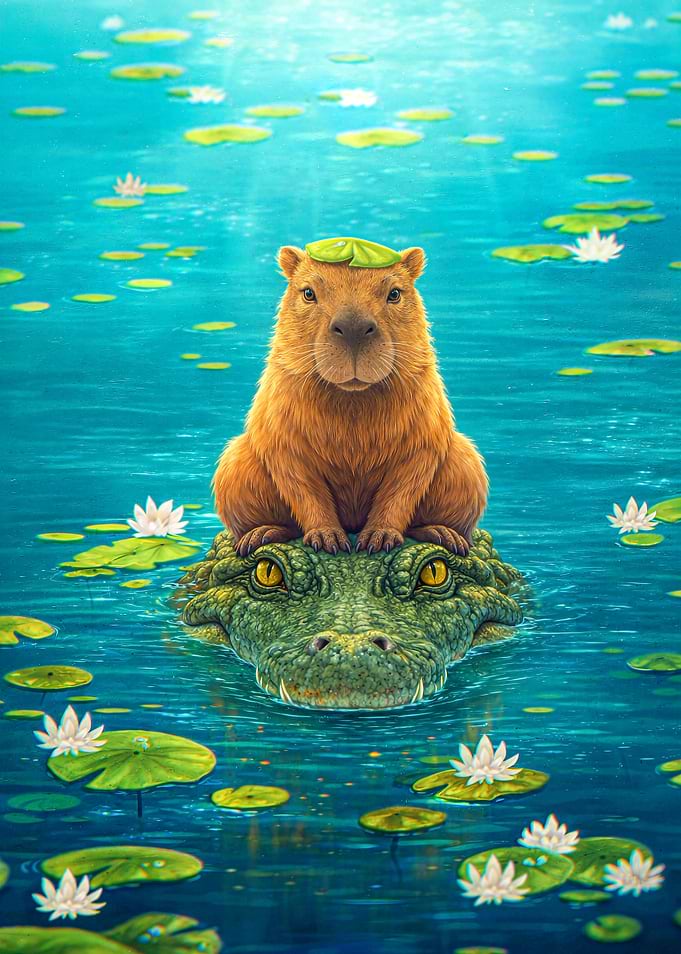 Capybara on Alligator in Lily Pond