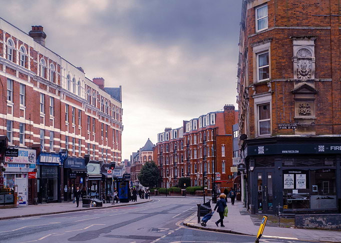 London Street Scene with Red Brick Buildings