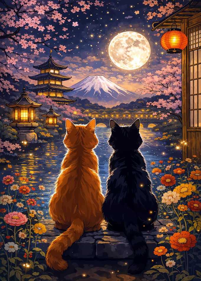 Cats admire Mount Fuji under the moon