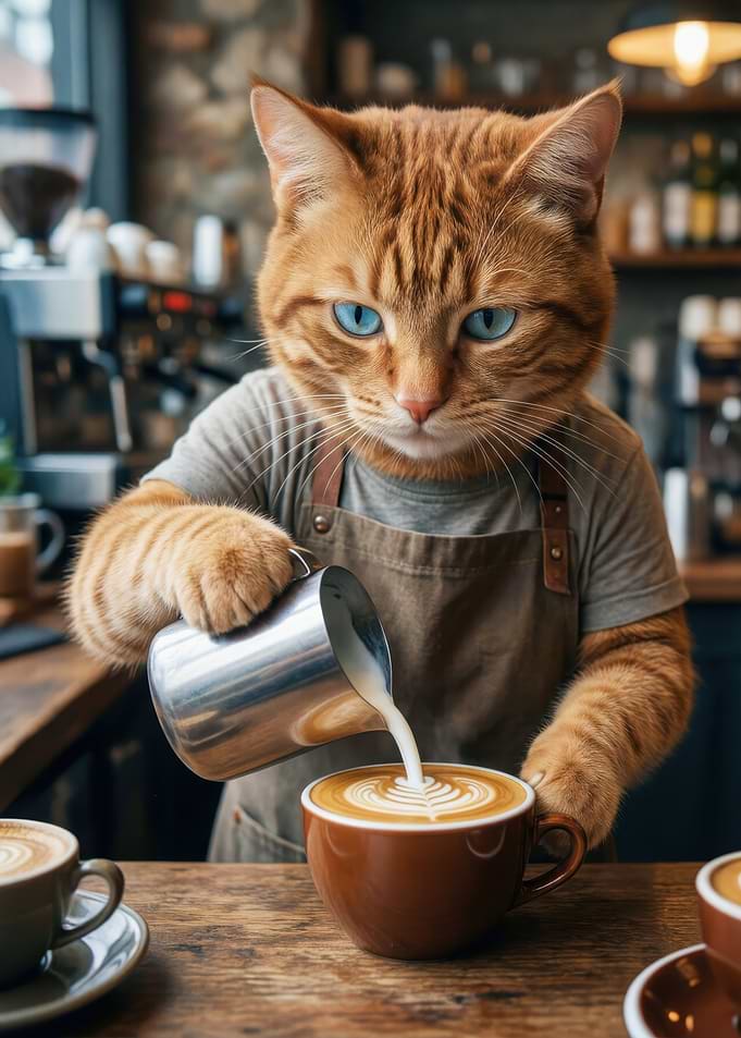 Cat Barista Making Latte Art