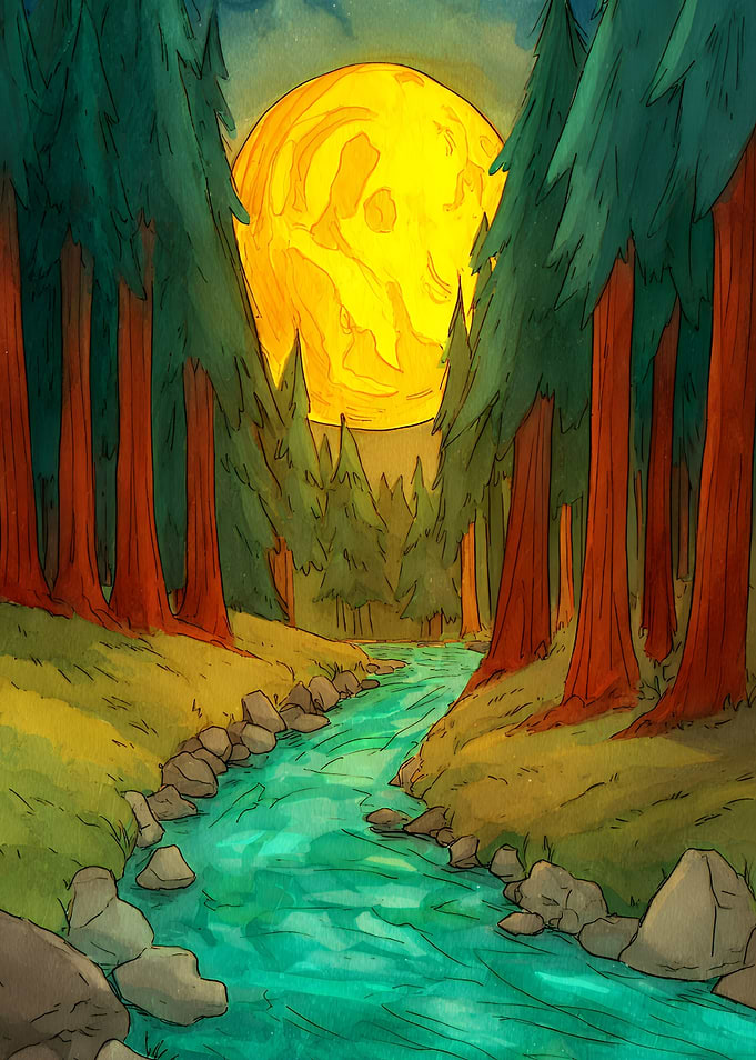 Forest Stream Under a Full Moon