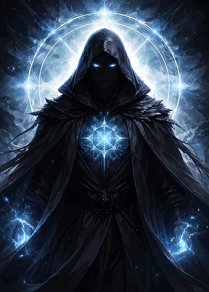 Mysterious hooded figure with glowing eyes