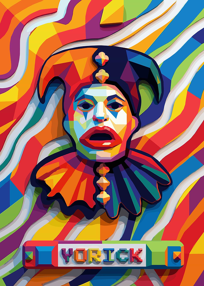 Colorful Jester Portrait with 'Yorick' Text