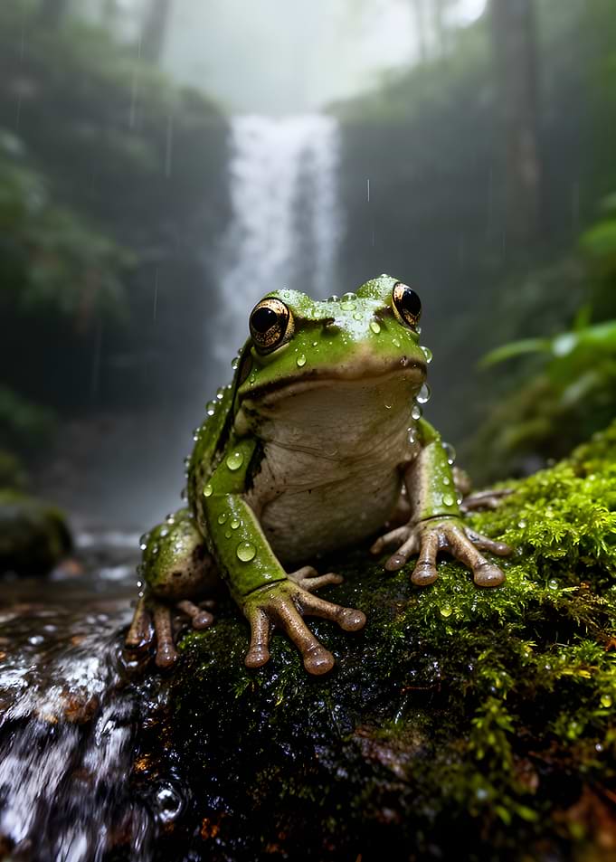 Frog in the Rain by Waterfall