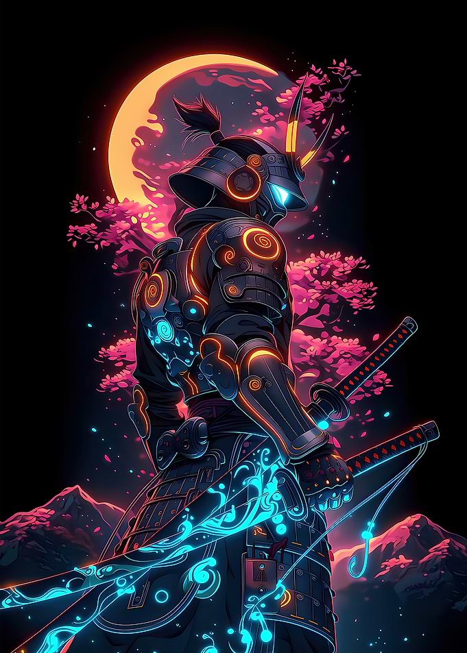Cyberpunk Samurai Under a Neon Moon and Sakura