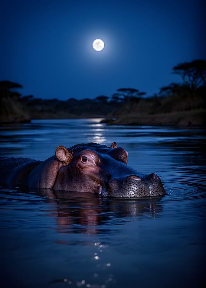 Hippopotamus in Moonlit Water