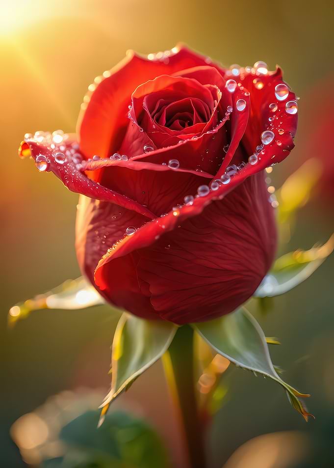 Dew-Kissed Red Rose at Sunrise