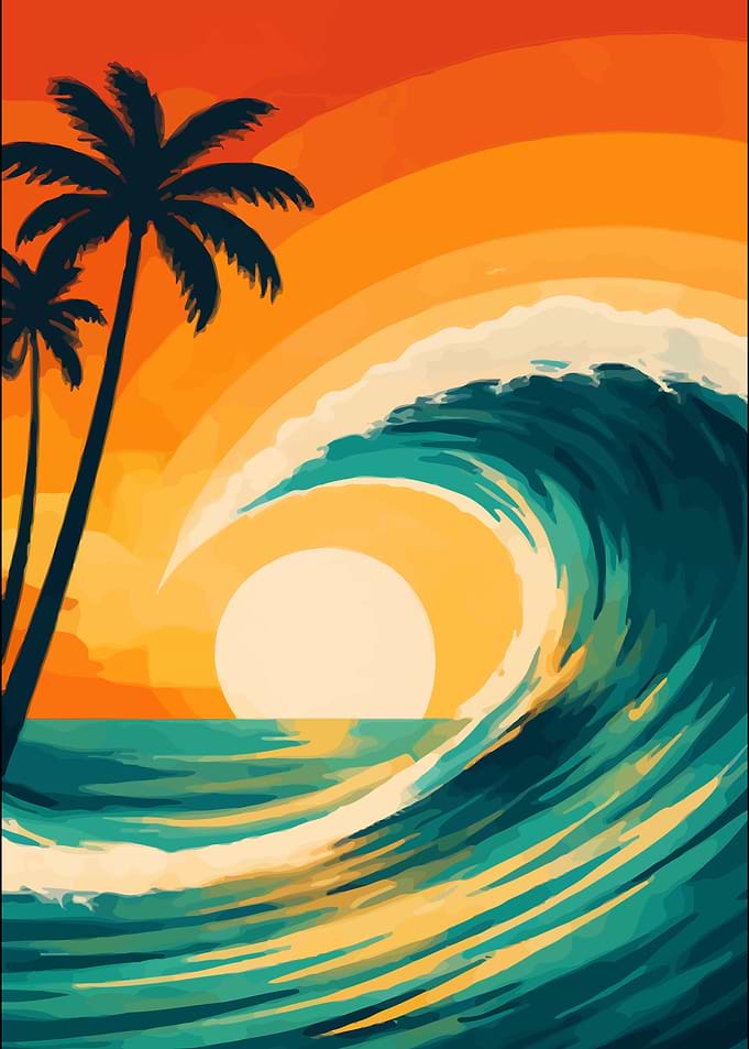 Tropical Sunset Wave Palm Trees Retro Surf Sunset Wave Poster | Vintage Surfing Wall Art