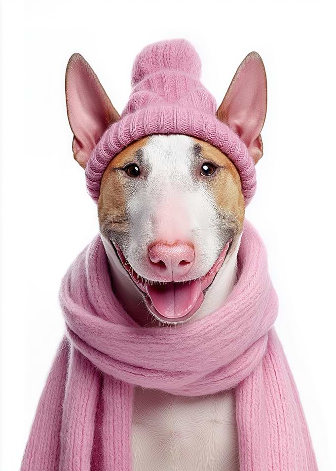 Cozy Bull Terrier Dog in Pink Winter Hat and Scarf
