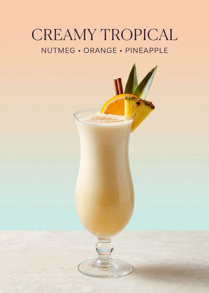 Creamy Tropical Cocktail Poster with Pineapple, Orange & Nutmeg