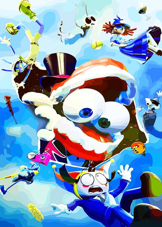 Surreal Characters Falling in Blue Sky