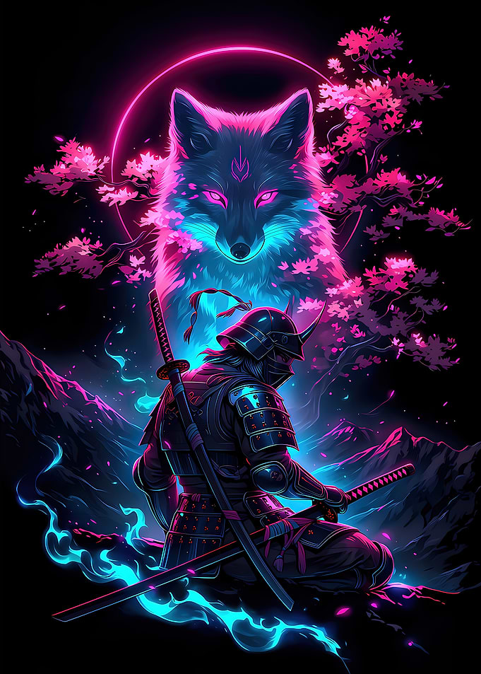 Cyberpunk Samurai Fox Spirit and Sakura