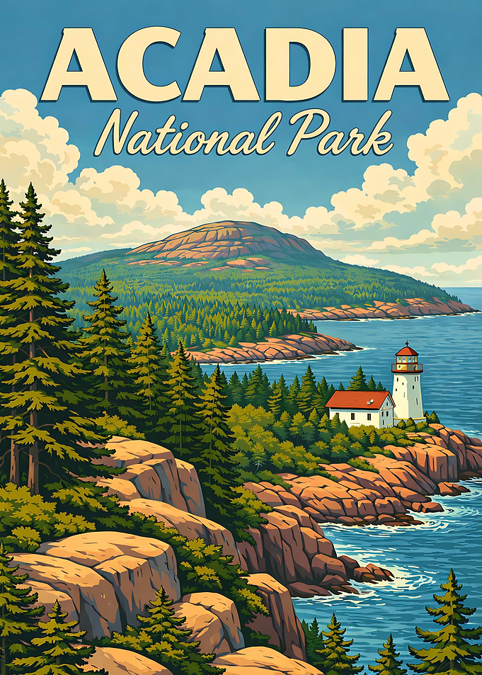 Acadia National Park Vintage Travel Poster | Maine Coastal Lighthouse & Cadillac Mountain Art