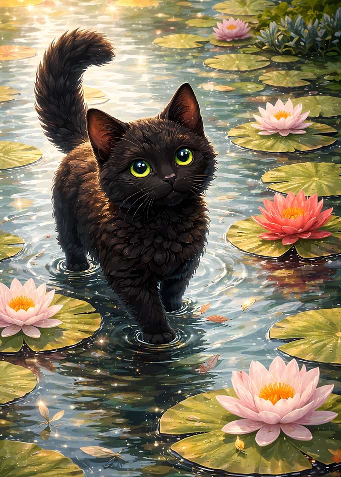 Black Cat in a Water Lily Pond