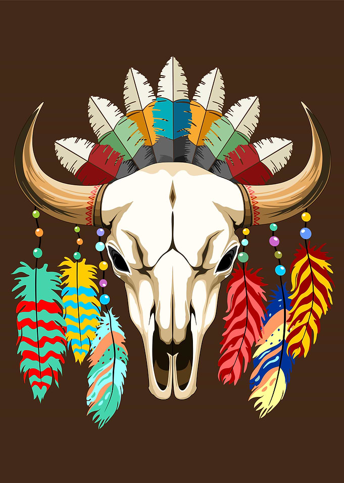 Buffalo Skull with Feathers and Beads