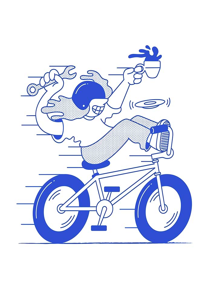Man riding a bike with tools and coffee