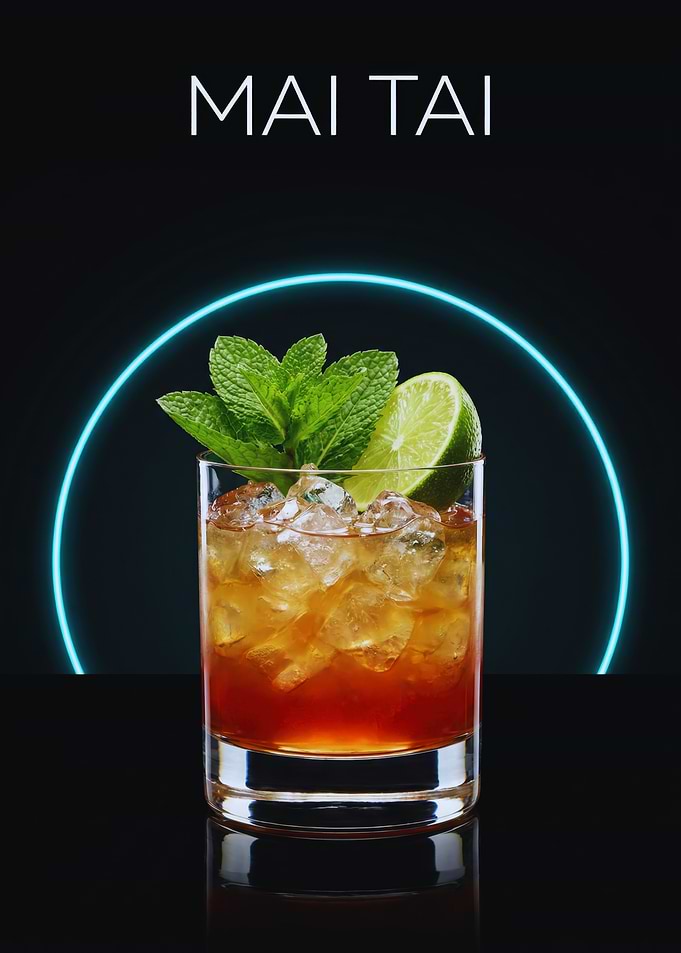 Neon Halo Mai Tai with Mint & Lime Over Crushed Ice