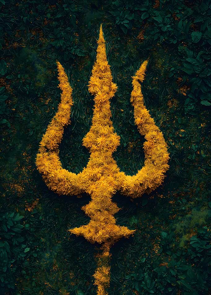 Golden Trident on Dark Green Background
