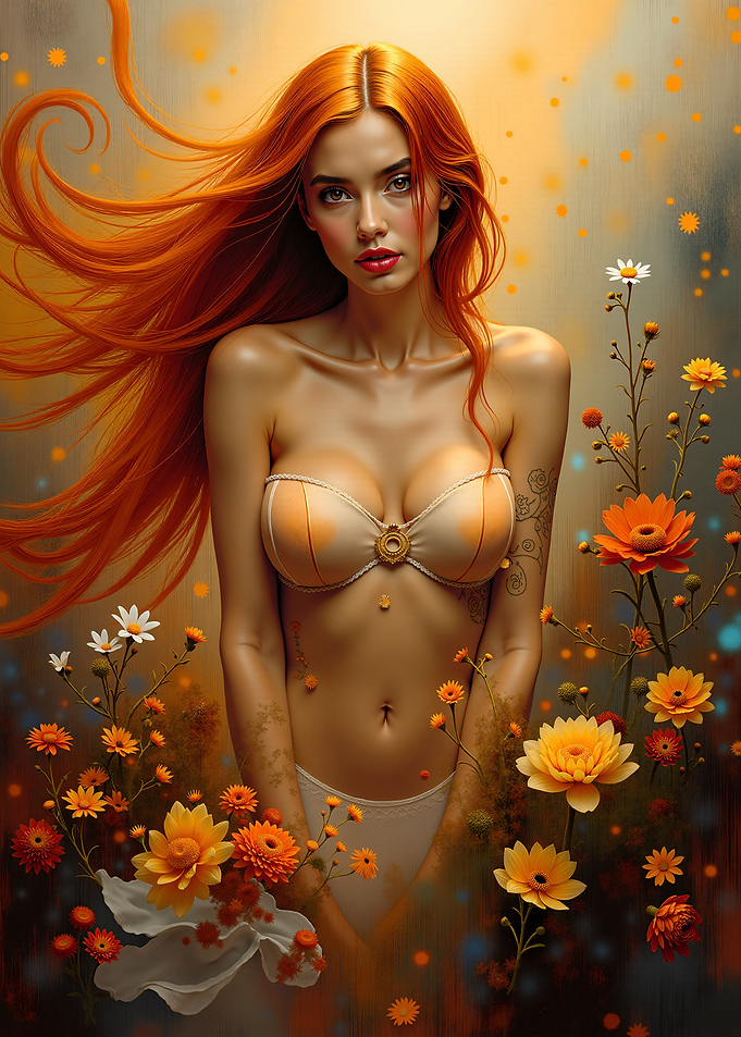 Woman with Fiery Hair Among Flowers