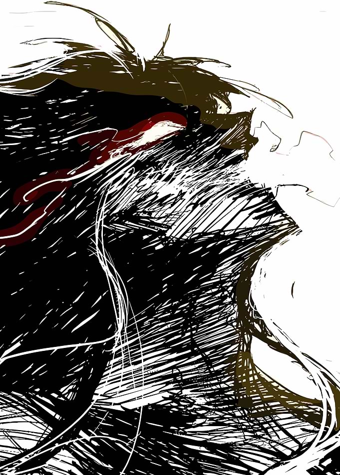 Abstract Dark Figure with Red Accent