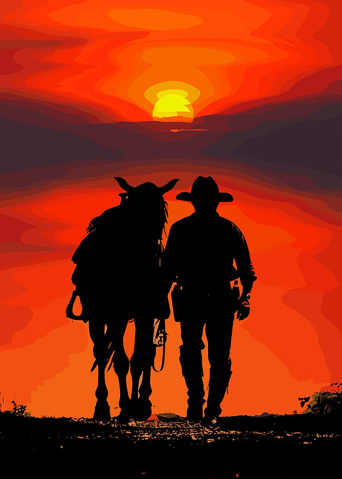 Cowboy and horse at sunset