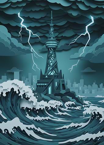 Stormy Ocean Tower Paper Cut Illustration