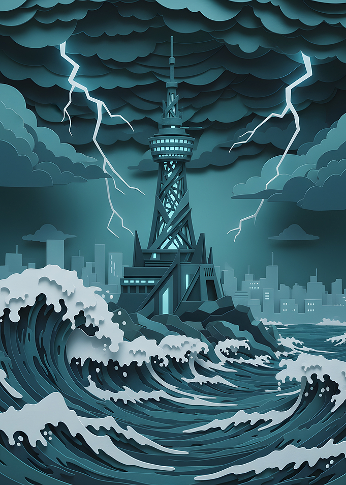 Stormy Ocean Tower Paper Cut Illustration